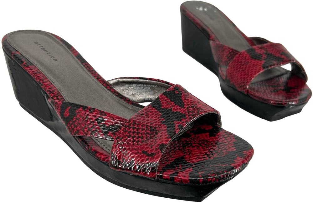 VTG y2k Women's Black Red Snakeskin Attention Slip On Chunky Platform Sandals 9M